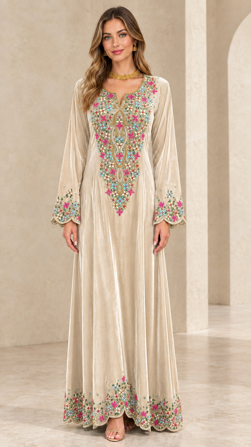Champagne beige embroidered velvet long sleeve maxi dress