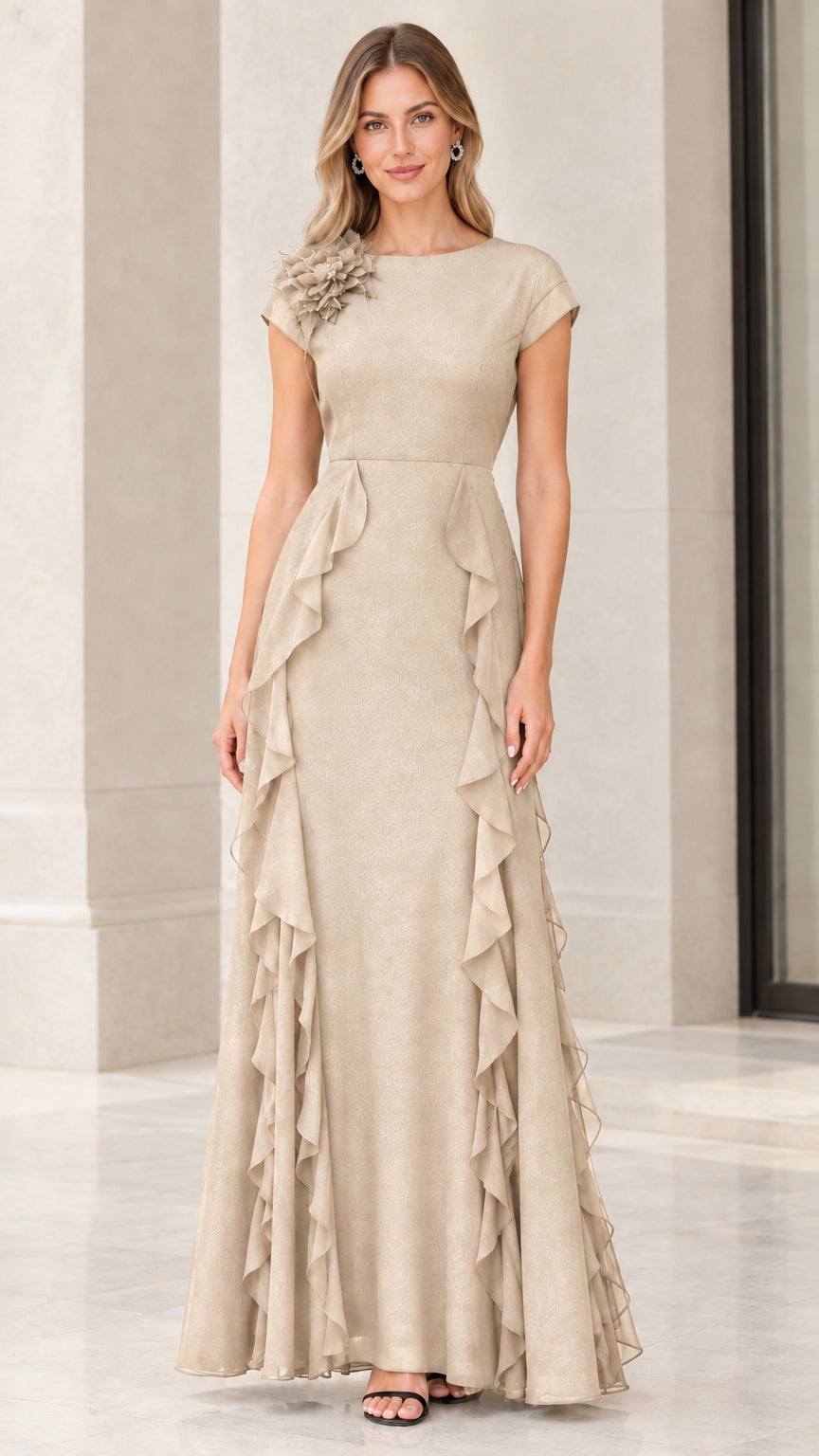 Front view of woman wearing champagne beige cap sleeve ruffle evening gown