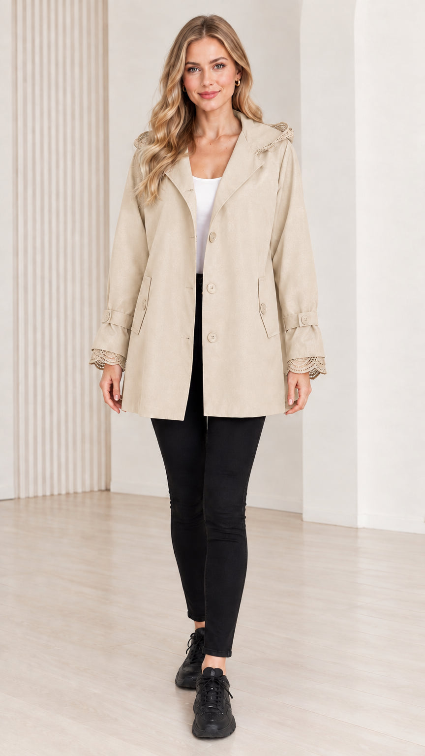 Women's beige lace-trim hooded trench coat front view