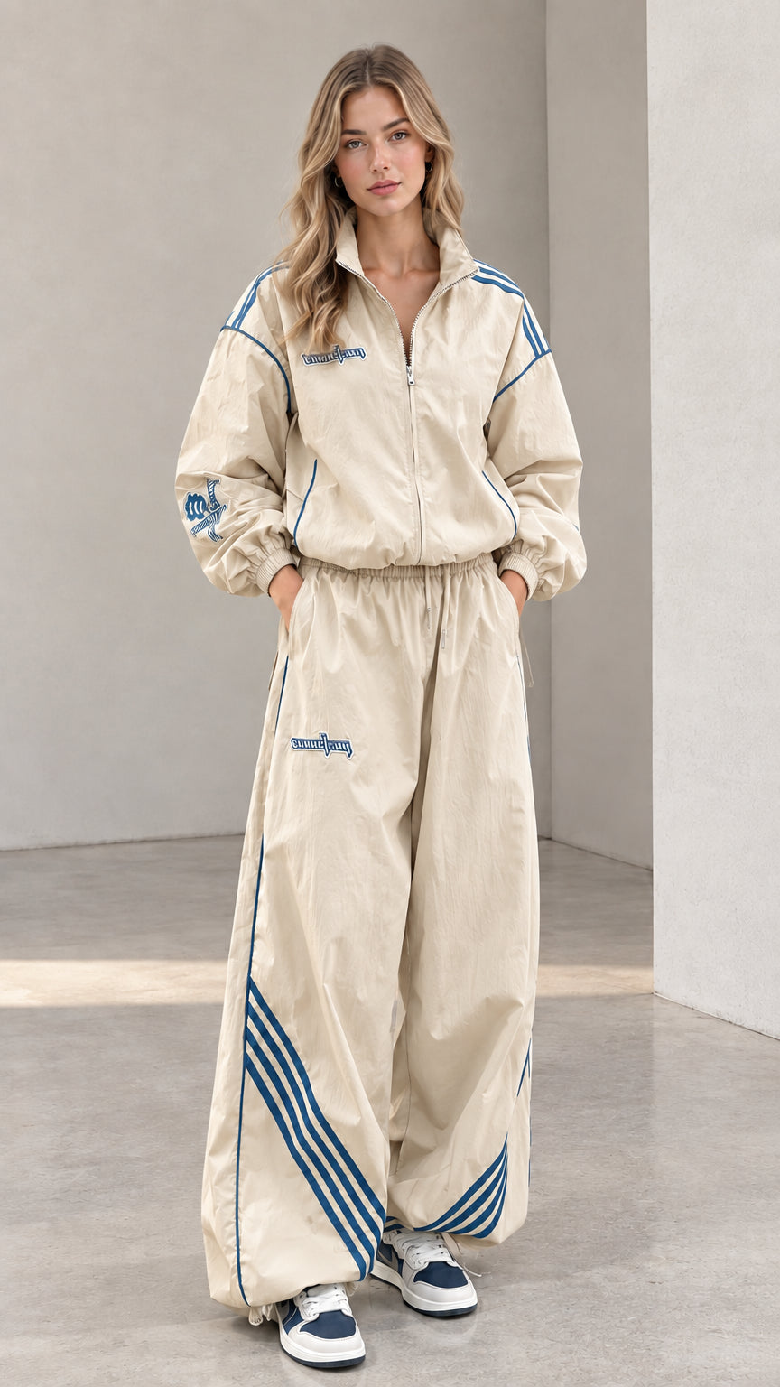 Front view of woman wearing beige two-piece tracksuit set with blue stripes