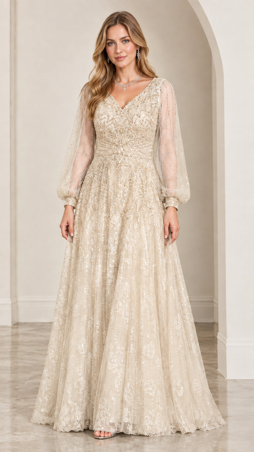 Model wearing Champagne gold shimmering floor-length formal gown