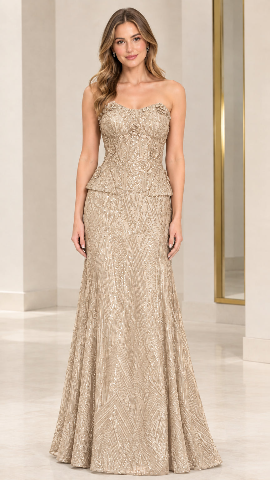Champagne gold strapless floral sequin evening gown front view