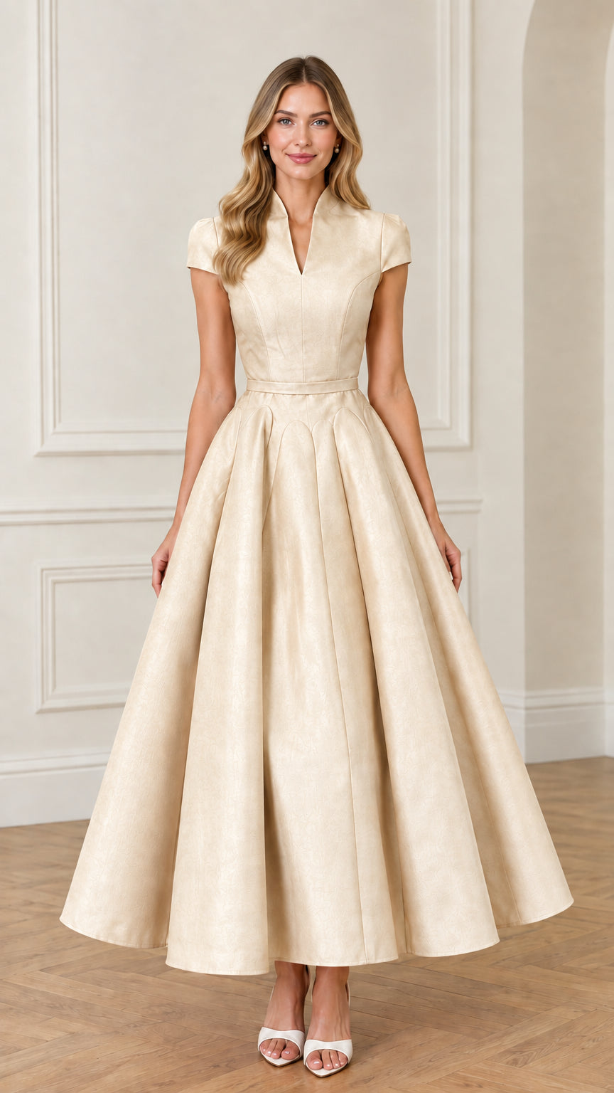 Front view of woman wearing Champagne cream pleated flare formal maxi dress