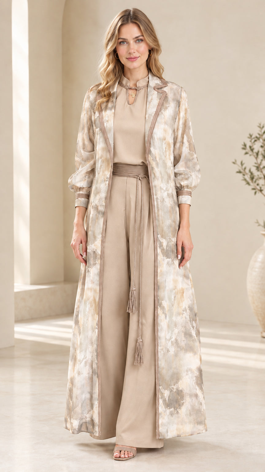Front view of champagne beige watercolor duster and pant set