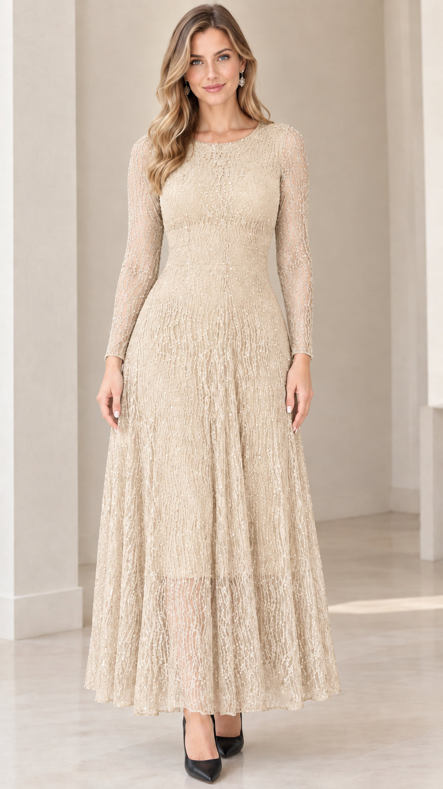 Front view of woman wearing Champagne beige long sleeve formal lace dress