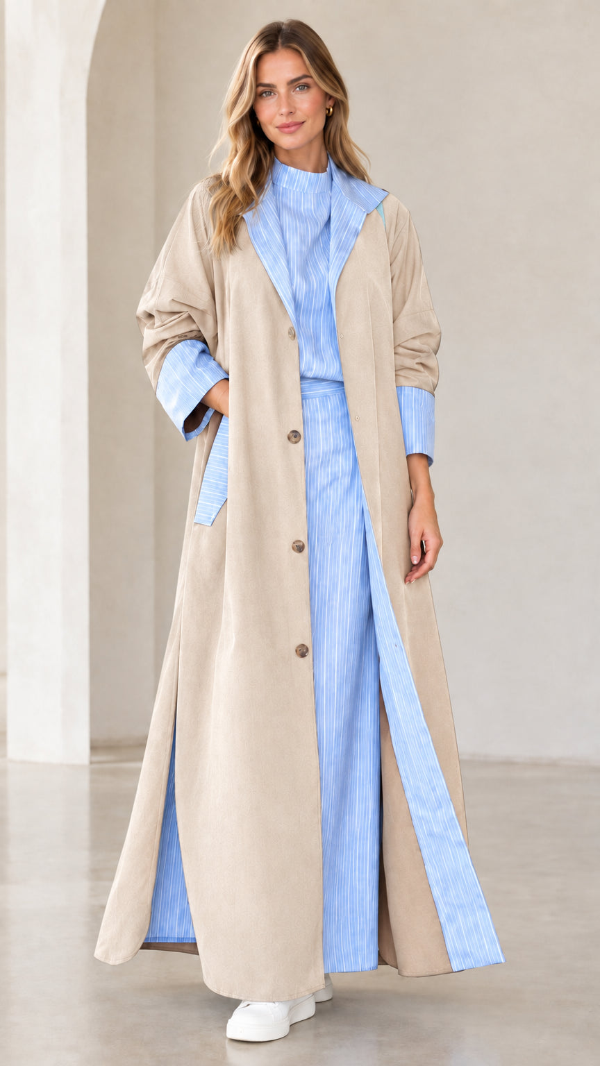 Women's beige sand maxi coat with light blue pinstripe contrast collar and cuffs