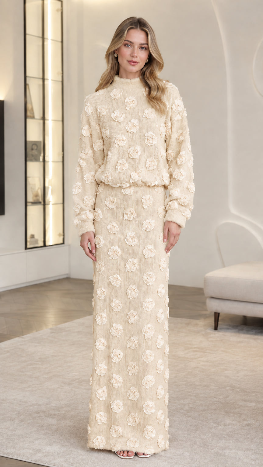 Front full-length view of woman wearing Cream champagne 3D floral appliqué long sleeve maxi set