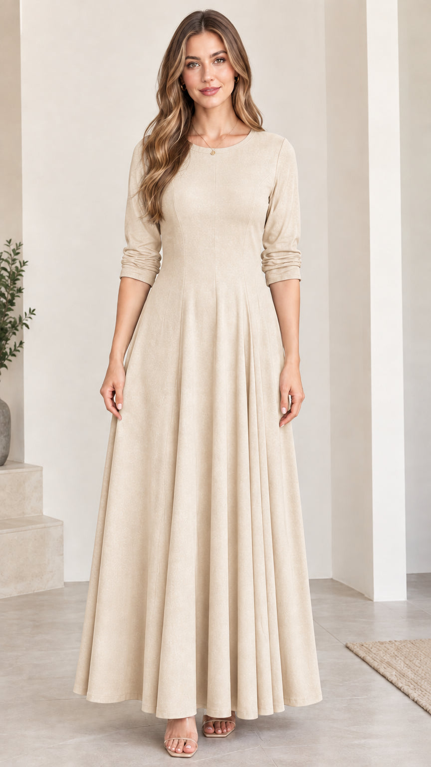 Front view of woman wearing cream beige 3/4 sleeve flowy maxi dress