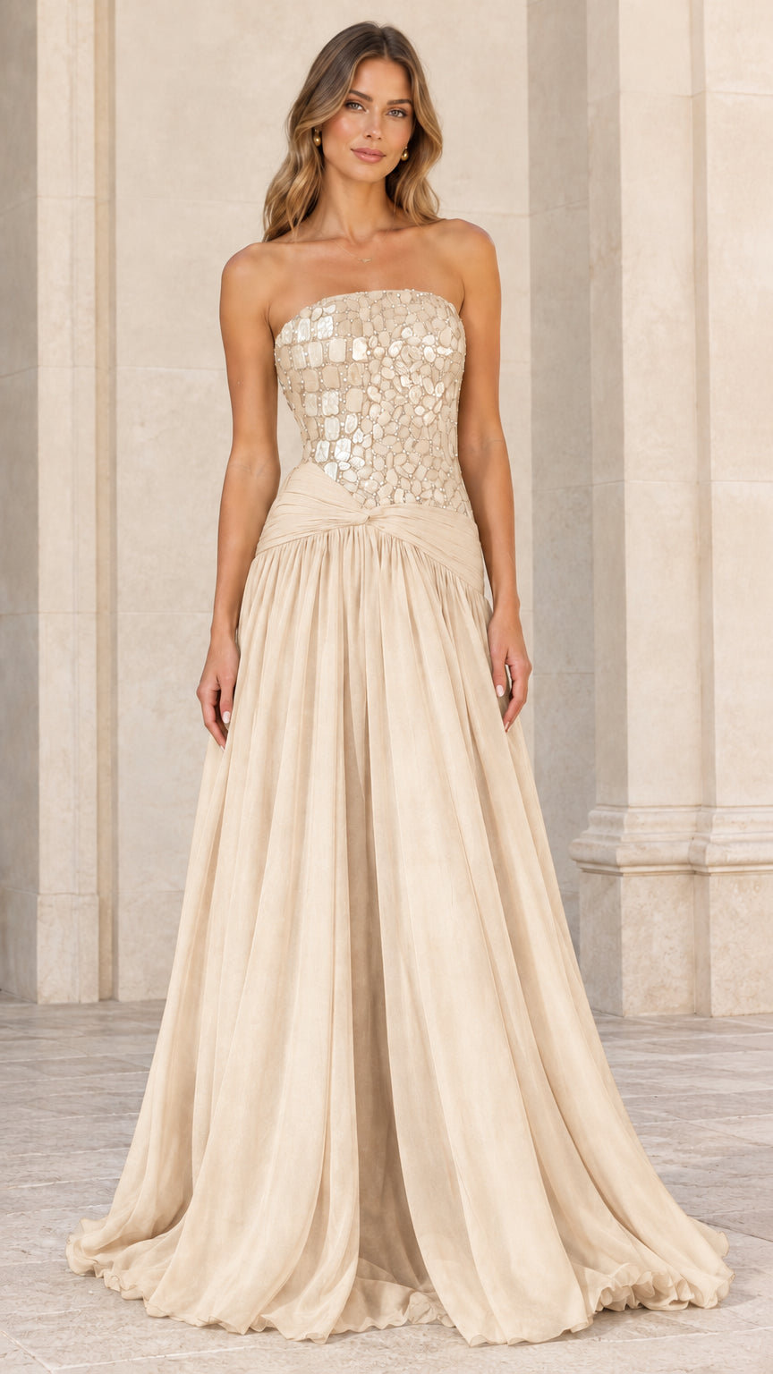 Front view of strapless embellished evening dress in Champagne